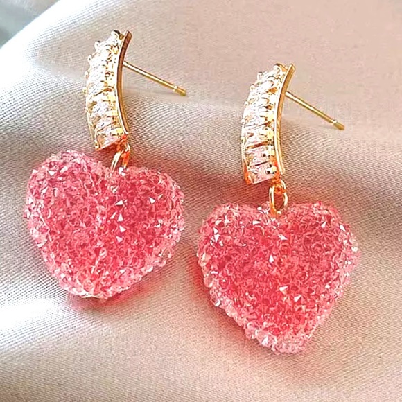 Valentine Pink Crystal Heart Women Earrings - Picture 4 of 7